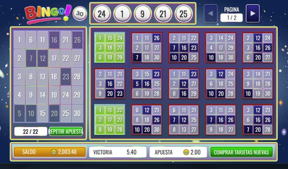 Selección de números en el juego Bingo 30
