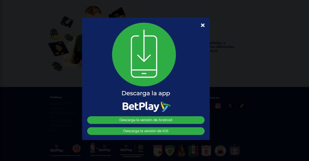 Sección de descarga de la aplicación BetPlay