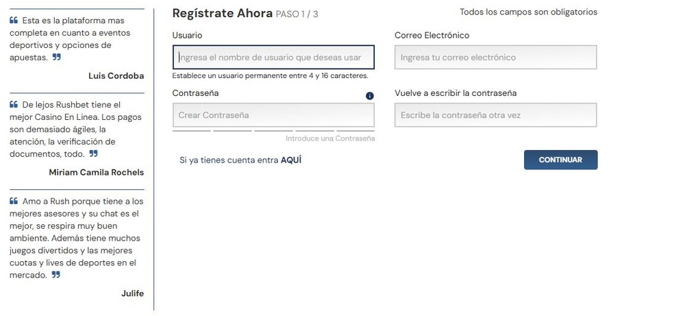 Formulario de registro en el casino Rushbet
