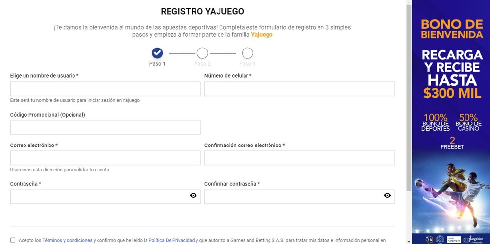 Formulario de inscripción en el sitio web de Yajuego