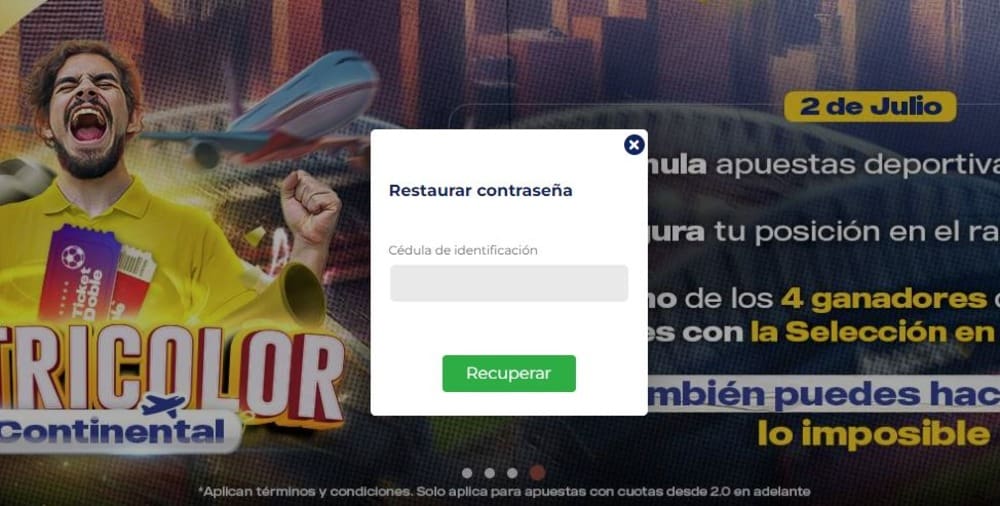 Ventana de restablecimiento de contraseña en el sitio web de BetPlay