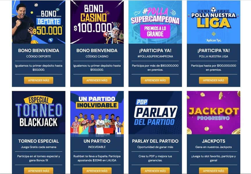 Sección con bonos y promociones Rushbet 