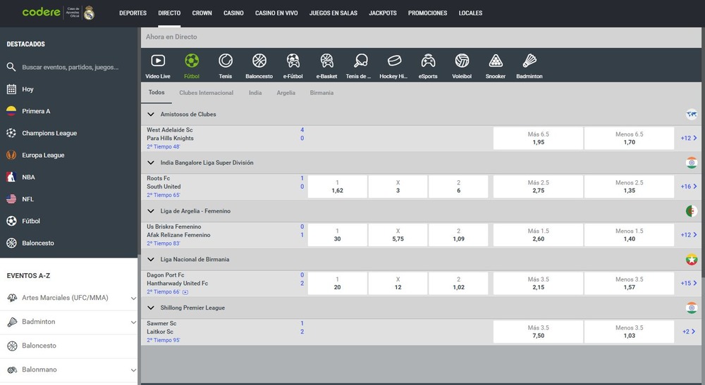 Sección de apuestas en directo de Codere