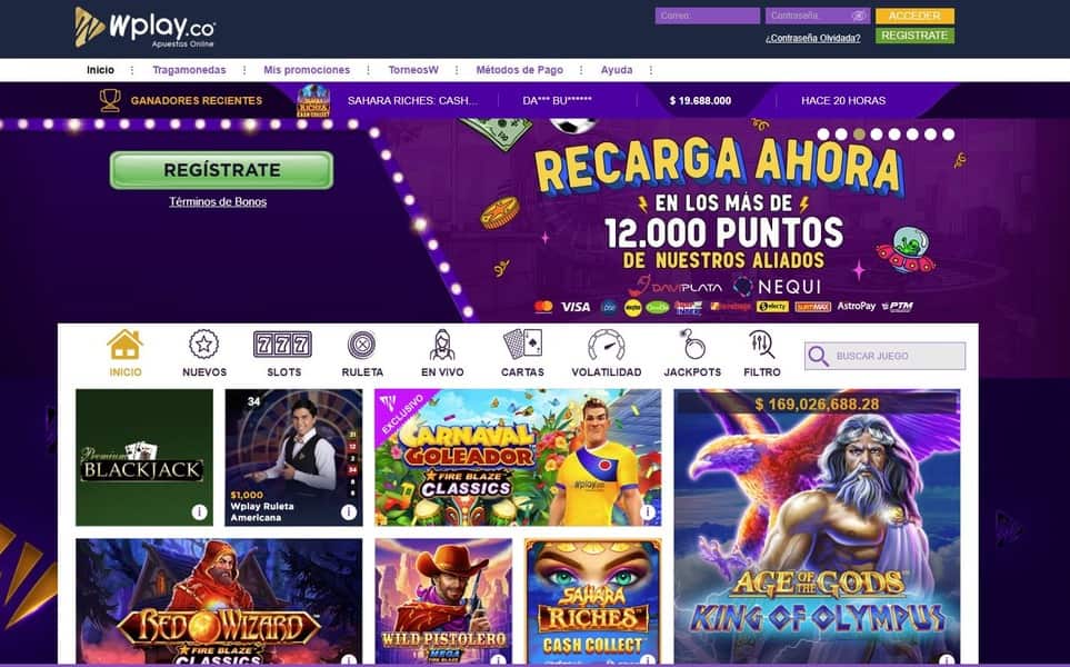 Página principal de Wplay Casino