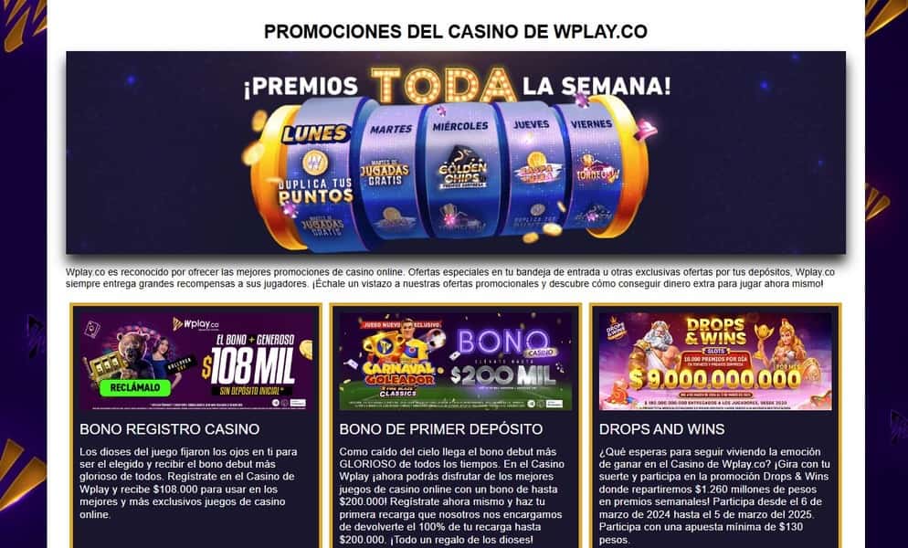 Sección de bonos y promociones de Wplay 